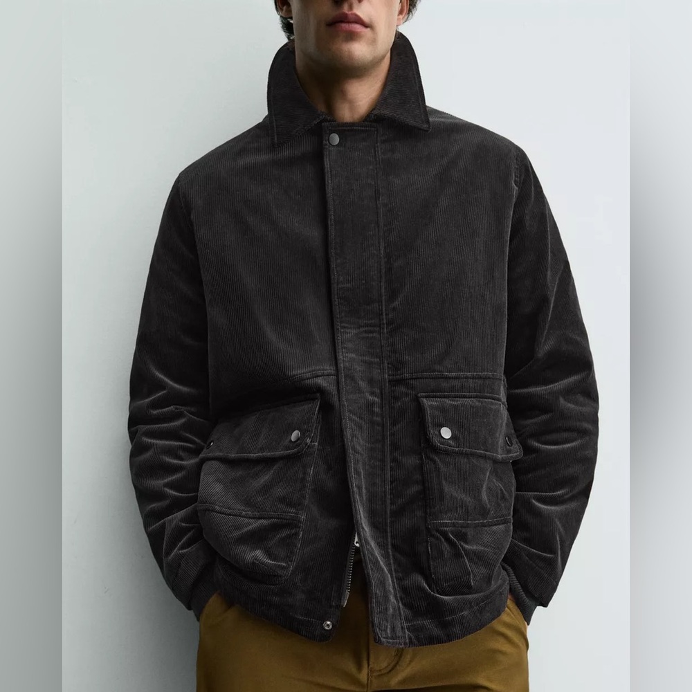 New Zara Corduroy Jacket Size L Men's Black Pocket Charcoal Relaxed fit Zip